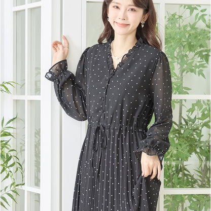 ドット柄 シフォン プリーツワンピース 長袖 Vネック フリル ウエストリボン きれいめ フェミニン