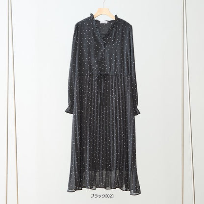 ドット柄 シフォン プリーツワンピース 長袖 Vネック フリル ウエストリボン きれいめ フェミニン