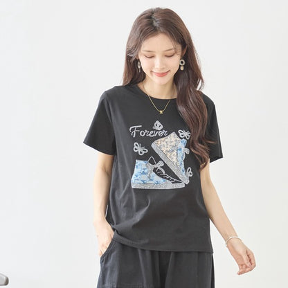 ラインストーン デコ Tシャツ 半袖 スニーカー柄 ゆったり 体型カバー M-L