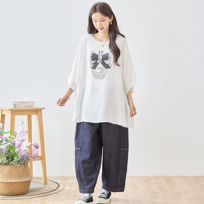 香水瓶 リボン プリント チュニック ドルマンスリーブ 半袖 ゆったり 体型カバー L-LL