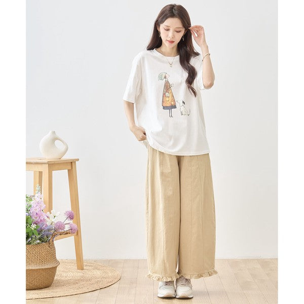 お散歩 犬と女の子 イラスト プリント Ｔシャツ 半袖 綿１００ ゆったり 体型カバー