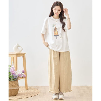 お散歩 犬と女の子 イラスト プリント Ｔシャツ 半袖 綿１００ ゆったり 体型カバー