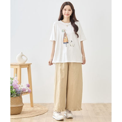 お散歩 犬と女の子 イラスト プリント Ｔシャツ 半袖 綿１００ ゆったり 体型カバー