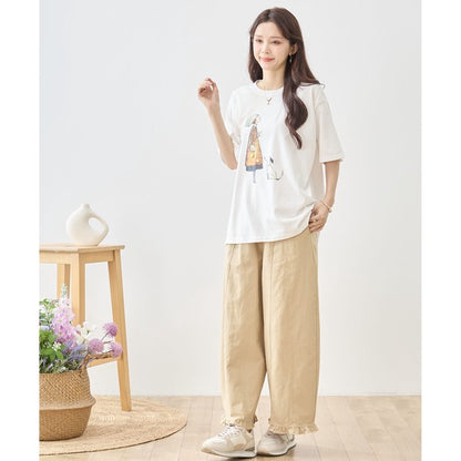 お散歩 犬と女の子 イラスト プリント Ｔシャツ 半袖 綿１００ ゆったり 体型カバー