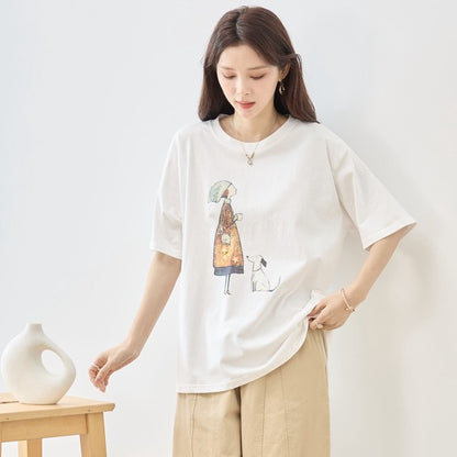 お散歩 犬と女の子 イラスト プリント Ｔシャツ 半袖 綿１００ ゆったり 体型カバー