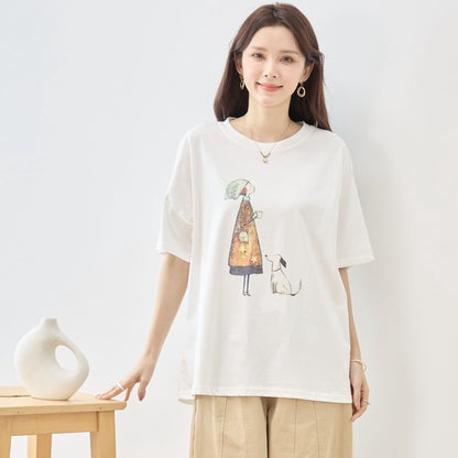 お散歩 犬と女の子 イラスト プリント Ｔシャツ 半袖 綿１００ ゆったり 体型カバー