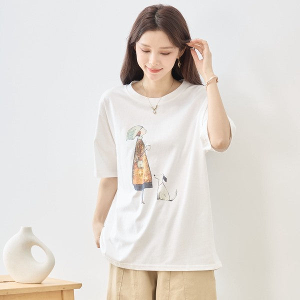 お散歩 犬と女の子 イラスト プリント Ｔシャツ 半袖 綿１００ ゆったり 体型カバー