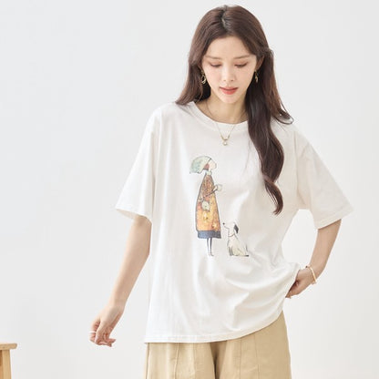 お散歩 犬と女の子 イラスト プリント Ｔシャツ 半袖 綿１００ ゆったり 体型カバー