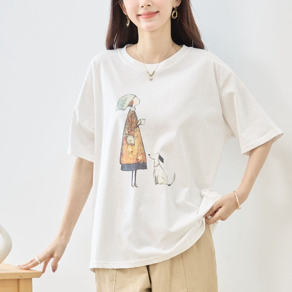 お散歩 犬と女の子 イラスト プリント Ｔシャツ 半袖 綿１００ ゆったり 体型カバー