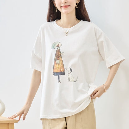お散歩 犬と女の子 イラスト プリント Ｔシャツ 半袖 綿１００ ゆったり 体型カバー