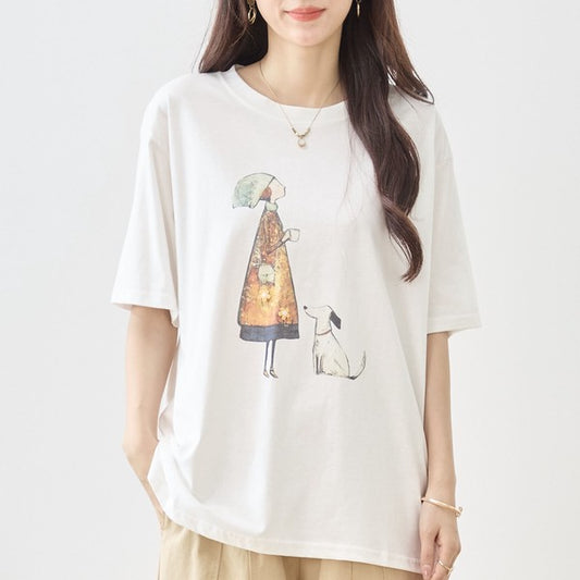 お散歩 犬と女の子 イラスト プリント Ｔシャツ 半袖 綿１００ ゆったり 体型カバー