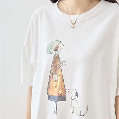 お散歩 犬と女の子 イラスト プリント Ｔシャツ 半袖 綿１００ ゆったり 体型カバー