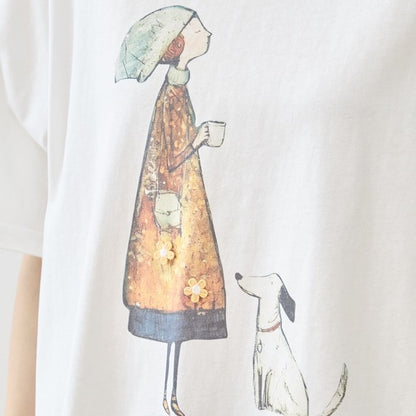 お散歩 犬と女の子 イラスト プリント Ｔシャツ 半袖 綿１００ ゆったり 体型カバー