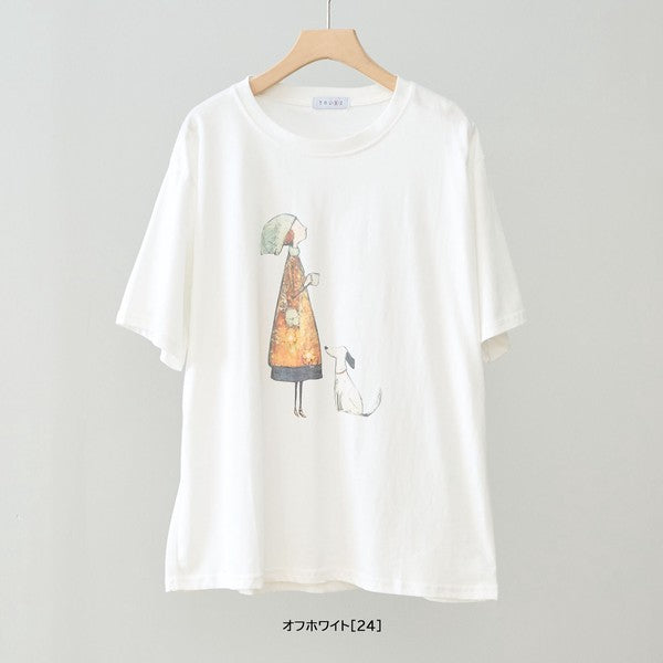 お散歩 犬と女の子 イラスト プリント Ｔシャツ 半袖 綿１００ ゆったり 体型カバー