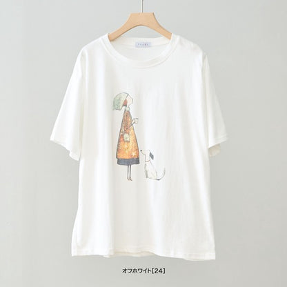 お散歩 犬と女の子 イラスト プリント Ｔシャツ 半袖 綿１００ ゆったり 体型カバー