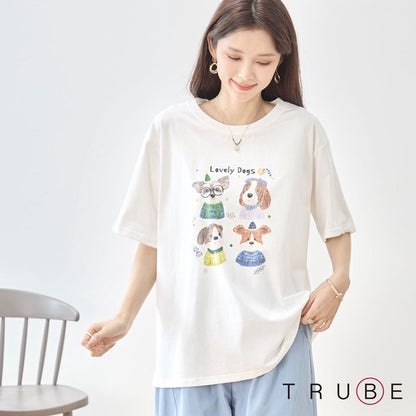 犬柄 水彩 イラスト プリント Tシャツ 半袖 綿100 ゆったり 体型カバー L-LL
