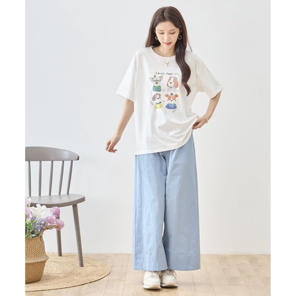 犬柄 水彩 イラスト プリント Tシャツ 半袖 綿100 ゆったり 体型カバー L-LL