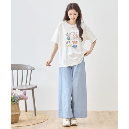 犬柄 水彩 イラスト プリント Tシャツ 半袖 綿100 ゆったり 体型カバー L-LL