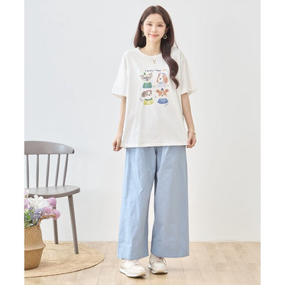 犬柄 水彩 イラスト プリント Tシャツ 半袖 綿100 ゆったり 体型カバー L-LL