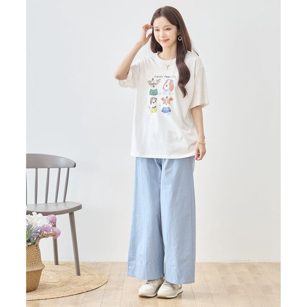 犬柄 水彩 イラスト プリント Tシャツ 半袖 綿100 ゆったり 体型カバー L-LL