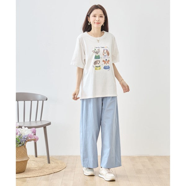 犬柄 水彩 イラスト プリント Tシャツ 半袖 綿100 ゆったり 体型カバー L-LL