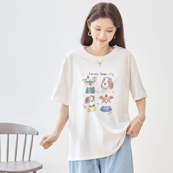 犬柄 水彩 イラスト プリント Tシャツ 半袖 綿100 ゆったり 体型カバー L-LL