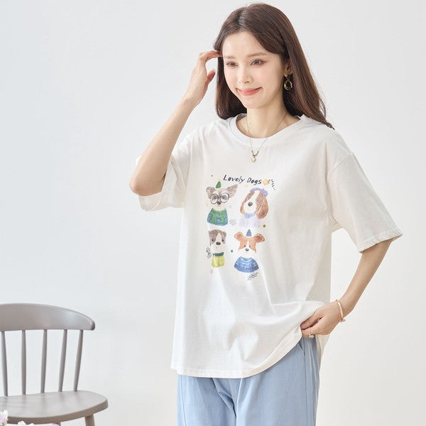 犬柄 水彩 イラスト プリント Tシャツ 半袖 綿100 ゆったり 体型カバー L-LL