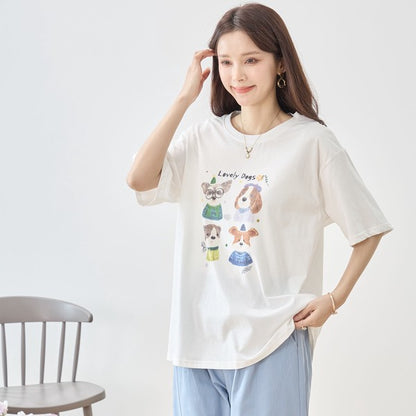 犬柄 水彩 イラスト プリント Tシャツ 半袖 綿100 ゆったり 体型カバー L-LL