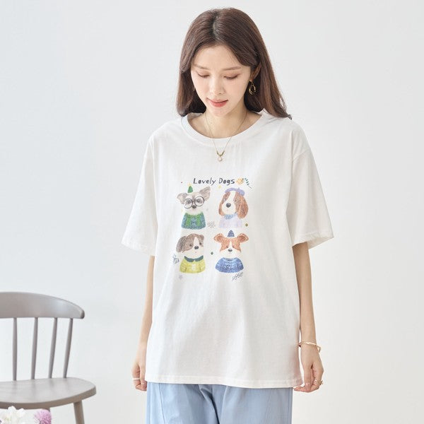 犬柄 水彩 イラスト プリント Tシャツ 半袖 綿100 ゆったり 体型カバー L-LL