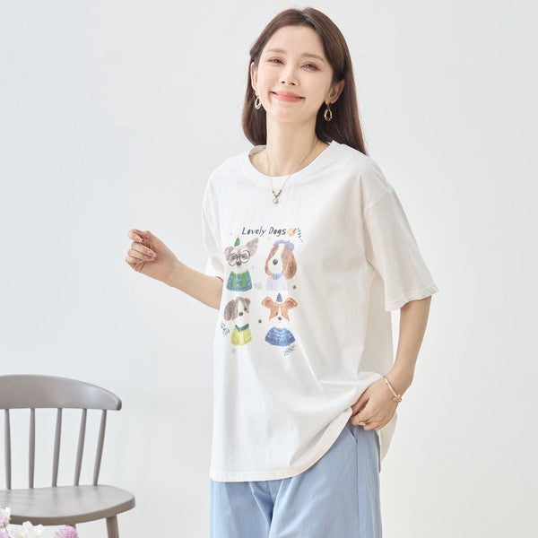 犬柄 水彩 イラスト プリント Tシャツ 半袖 綿100 ゆったり 体型カバー L-LL