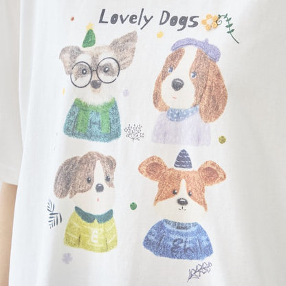 犬柄 水彩 イラスト プリント Tシャツ 半袖 綿100 ゆったり 体型カバー L-LL
