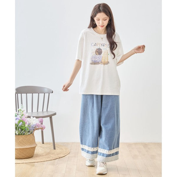 仲良し猫 イラスト プリント Tシャツ 半袖 綿100 ゆったり 体型カバー L-LL