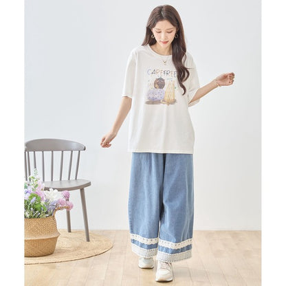 仲良し猫 イラスト プリント Tシャツ 半袖 綿100 ゆったり 体型カバー L-LL