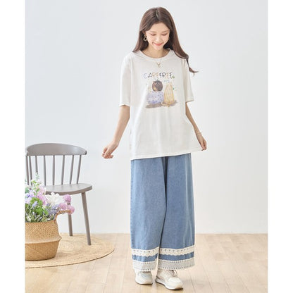 仲良し猫 イラスト プリント Tシャツ 半袖 綿100 ゆったり 体型カバー L-LL