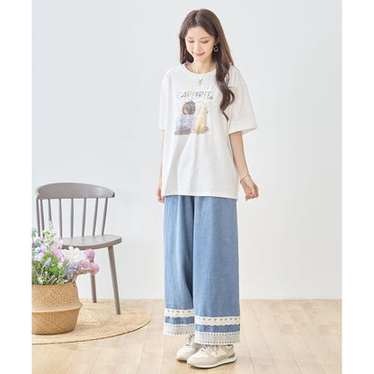 仲良し猫 イラスト プリント Tシャツ 半袖 綿100 ゆったり 体型カバー L-LL