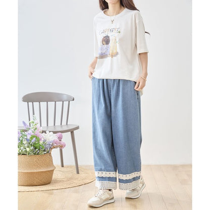 仲良し猫 イラスト プリント Tシャツ 半袖 綿100 ゆったり 体型カバー L-LL