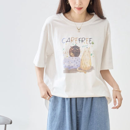 仲良し猫 イラスト プリント Tシャツ 半袖 綿100 ゆったり 体型カバー L-LL