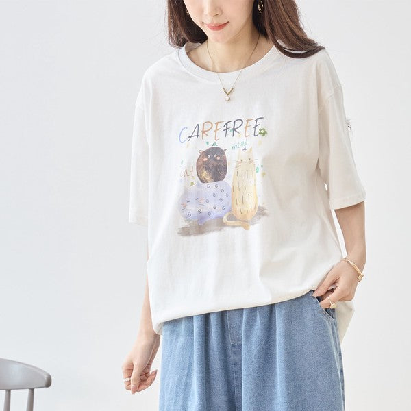仲良し猫 イラスト プリント Tシャツ 半袖 綿100 ゆったり 体型カバー L-LL