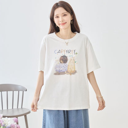 仲良し猫 イラスト プリント Tシャツ 半袖 綿100 ゆったり 体型カバー L-LL