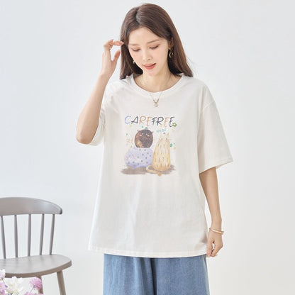 仲良し猫 イラスト プリント Tシャツ 半袖 綿100 ゆったり 体型カバー L-LL