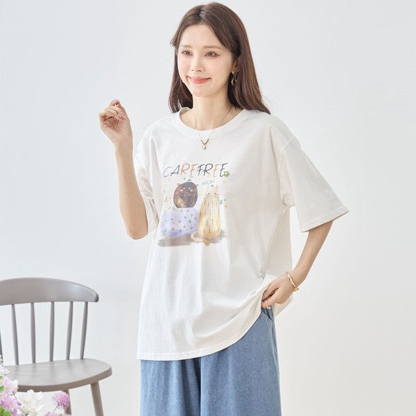 仲良し猫 イラスト プリント Tシャツ 半袖 綿100 ゆったり 体型カバー L-LL