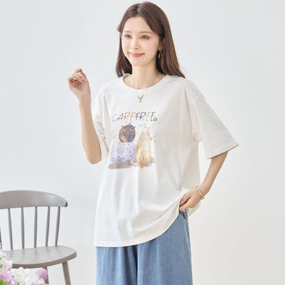 仲良し猫 イラスト プリント Tシャツ 半袖 綿100 ゆったり 体型カバー L-LL