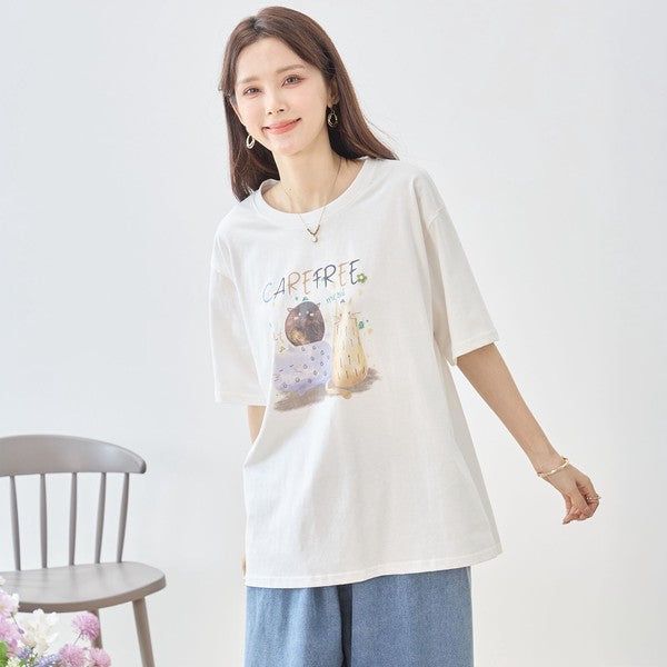 仲良し猫 イラスト プリント Tシャツ 半袖 綿100 ゆったり 体型カバー L-LL