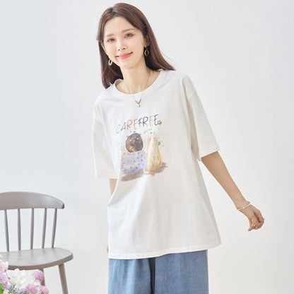 仲良し猫 イラスト プリント Tシャツ 半袖 綿100 ゆったり 体型カバー L-LL
