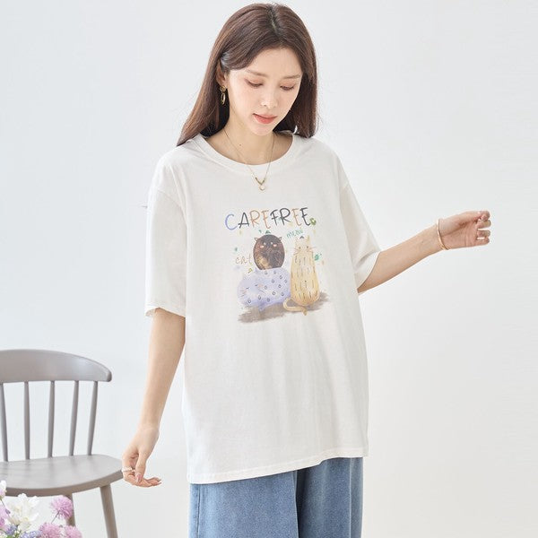 仲良し猫 イラスト プリント Tシャツ 半袖 綿100 ゆったり 体型カバー L-LL