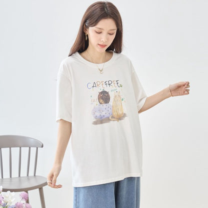 仲良し猫 イラスト プリント Tシャツ 半袖 綿100 ゆったり 体型カバー L-LL