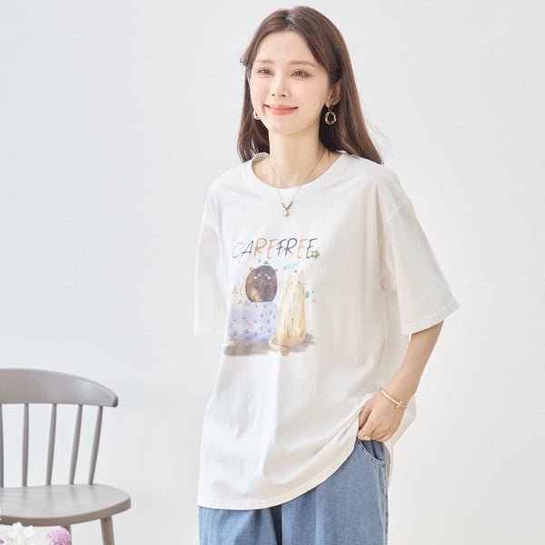 仲良し猫 イラスト プリント Tシャツ 半袖 綿100 ゆったり 体型カバー L-LL