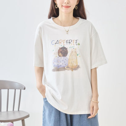 仲良し猫 イラスト プリント Tシャツ 半袖 綿100 ゆったり 体型カバー L-LL