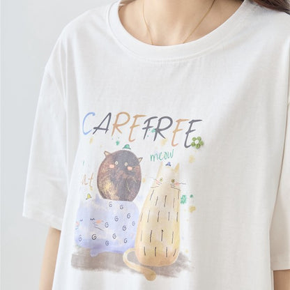 仲良し猫 イラスト プリント Tシャツ 半袖 綿100 ゆったり 体型カバー L-LL