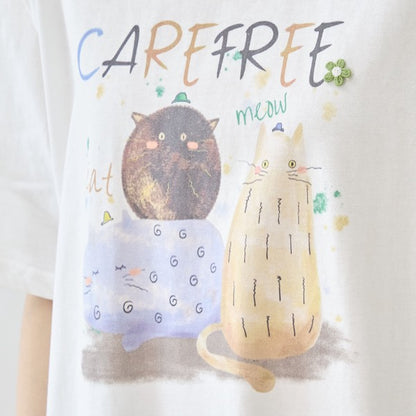 仲良し猫 イラスト プリント Tシャツ 半袖 綿100 ゆったり 体型カバー L-LL